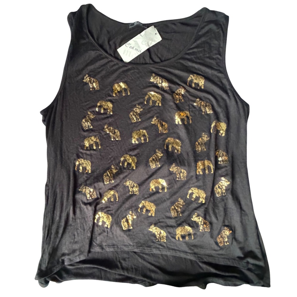 C'est Moi Womens Plus 3X Black Gold Foil Elephant Print Tank‎ Top BP4916X NWT